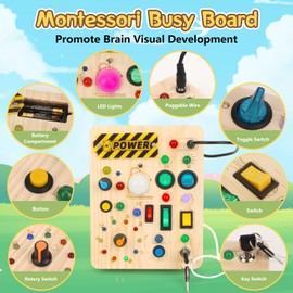 OWill Busy Board for Toddler, Wooden Montessori Sensory Toys for 1 2 3 Year Old Boy Girl, Fidget Board Educational Toys with 22 Led Light 10 Switch, Activity Board Travel Toys for Toddlers