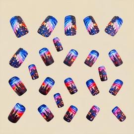 Short Press on Nails Matte Fake Nails Blue Sky City Designs Full Cover Gradient Glue on Nails Short Square False Nails Press on Reusable Acrylic Artificial Nails for Women Girls 24Pcs