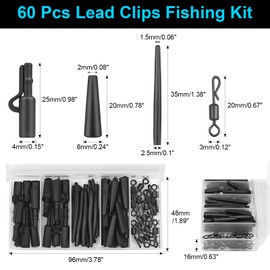 Realure 60 Pcs Lead Clips Carp Fishing Accessories Safety Lead Clips Action Pack with Clips Anti Tangle Sleeves Rubber Tails and Quick Change Swivels for Small Weights and Feeder(Black)