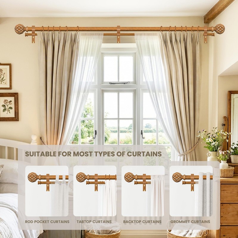 TKZTKZ Wood Double Curtain Rod,1" Adjust Farmhouse Boho Wooden Rods,36-88"