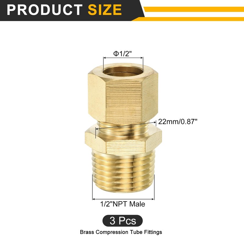 sourcing map 3Pcs Brass Compression Tube Fitting, 1/2" Tube OD