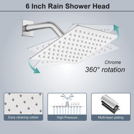 Rain Shower Head with Handheld Spray, 6'' Chrome Shower Head with 78'' hose, High Pressure Hand Head Shower Heads, Anti-leak Rainfall Shower Head with Holder(Square, All Metal)