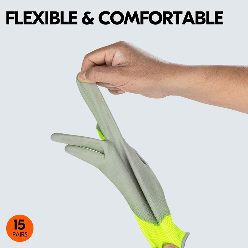 Vgo... 15Pairs Safety Work Gloves,Gardening Gloves,Polyurethane Coated,Dipping Gloves,Latex Free(Size M,Fluorescent
