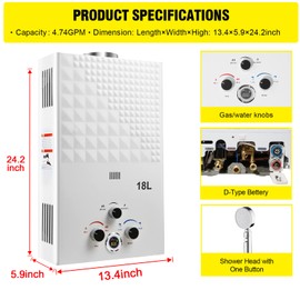 Tankless Water Heater Propane 4.74GPM 18L Outdoor Portable GasHot Water Heater Instant Propane Water Heater with Digital Display Multi-Protection for Camping Trips Boat