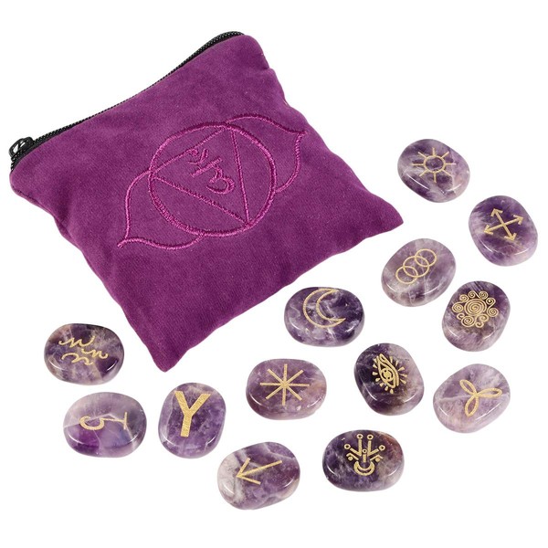mookaitedecor 13 PCS Amethyst Witches Runes Engraved Gypsy Symbol, Healing Crystal Stone with Third Eye Chakra Bag for Reiki Meditation Divination