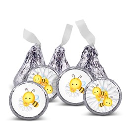 216 Cute yellow honey bee birthday party or baby shower stickers, labels decorations, .75" round to fit hersheys chocolate drop kisses, mints, and other candy
