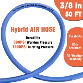 Hybrid Air Hose 3/8 in x 50 ft, 300 PSI Heavy Duty Air Compressor Hose with Quick Coupler and Plug Kit, Lightweight, Kink Resistant, All Weather Flexibility with Bend Restrictors, Blue