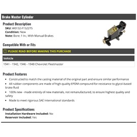 Brake Master Cylinder - 1-Inch Bore - Compatible with 1941-1942, 1946-1948 Chevy Fleetmaster (with Manual Brakes)