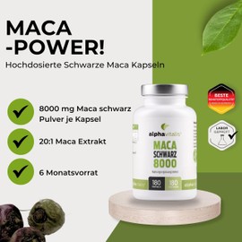 Maca Black 4000 mg per Daily Dose - 180 Maca Capsules - Maca Extract Vegan, High Dose and No Magnesium Stearate - Quality Made by alphavitalis