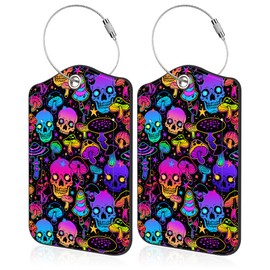 Set of 2 Luggage Tags for Suitcase Psychedelic Mushrooms and Skulls PU Leather Travel Baggage Tag with Stainless Steel Loop for Men Women Travel Bag Suitcase with Name ID Label Set Full Privacy Cover