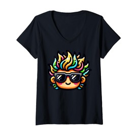 Womens Colorful Cartoon Character Illustration For Kids V-Neck T-Shirt