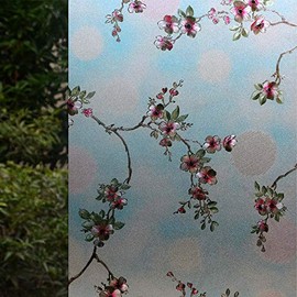 VSUDO 17.7" by 157.5" Static Cling Window Film for Privacy, Peach Blossom Pattern Window Tint for Home, Window Glass Sticker for Office (19.38 Sq. Ft Total)