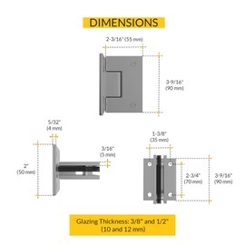 Brixwell Shower Door Wall Mount Hinge with Full Back Plate, Satin Finish, Solid Forged Brass Construction, 3-9/16" Height, 2-3/16" Width, Hole Spacing 2-3/4" (Vertical) and 1-3/8"(Horizontal)