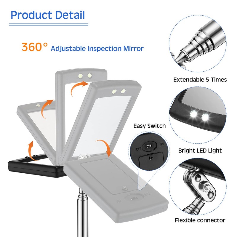 Frienda 2 Pieces Lighted Telescoping Inspection Mirror Flexible Retractable LED