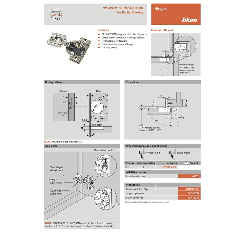 Blum 38N355B.12 Compact BLUMOTION 38N Hinge, Soft-Close, 105 Degree, 3/4