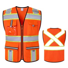 AnnJoYoo Class 2 Safety Vest with Zipper Front and 7 Pockets, High Visibility Vest, Meets ANSI/ISEA Standards (B03-Orange-MESH-2XL)