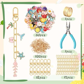 AUGSUN 189 piezas de kit de fabricación de llaveros, joyería con abalorios, para hacer cadenas, incluye 60 abalorios, 12 clips de llavero, 15 cadenas extensoras, 100 anillos de salto y alicates de