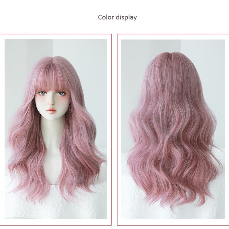 Pink Long Wig, Pink Full Wig, Waves, Curly Hair, Semi-Long