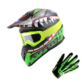1Storm Adult Motocross Helmet BMX MX ATV Dirt Bike Downhill Mountain Bike Helmet Monster Shark Shark Green; + Goggles + Skeleton Green Glove Bundle