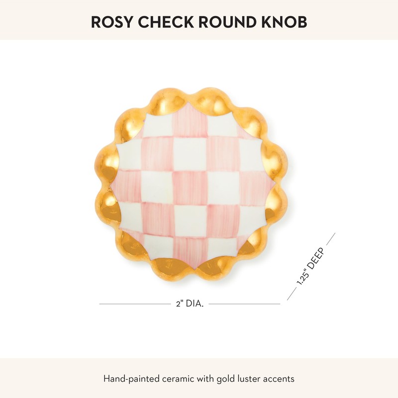 MACKENZIE-CHILDS Round Knob, Decorative Drawer Pull Knob, Pink-and-White Rosy Check