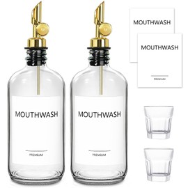 TOLDATLI Mouthwash Dispenser for Bathroom, 2 Pack Glass Mouth Wash Container with Cup, 17 Fl Oz Mouthwash Decanter Bottle Set, Refillable Mouthwash Pump Dispenser