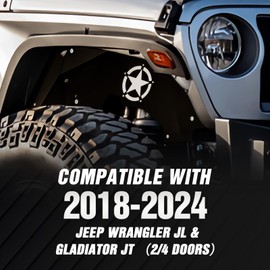 EYOUHZ for JL JT Front Inner Fender Liners Compatible with 2018-2024 Jeep Wrangler JL JLU & Gladiator JT 2/4 Doors, 2 PCS White Star Logo Mud Guards Carbon Steel Wheel Well Liners Fender Flares Cover