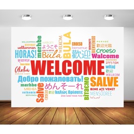 Loccor 5x3ft Fabric International Welcome Backdrop Welcome Word Cloud in Different Languages Colorful Background Around The World Welcome Banner Sports Events Party Classroom Decor Photo Props
