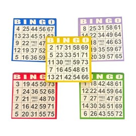 JUNWRROW Tarjetas de papel para juego de bingo – 500 hojas (100 libros de 5 colores) – Tarjetas desechables de 4"x4" – Ideal para personas mayores, noche de juegos en familia, grupos grandes