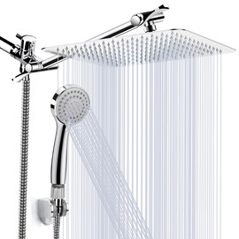 Kaqinu 12'' Shower Head, High Pressure Rainfall Shower Head/Handheld Showerhead Combo with 11” Extension Arm, Anti-leak Shower Head with Holder/Hose, Flow Regulator - Chrome