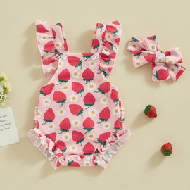 ZZLBUF Newborn Infant Baby Girl Summer Clothes Ruffle Floral Romper Bodysuit Overalls Headband 2Pcs Outfits (Strawberry Red, 12-18 Months)