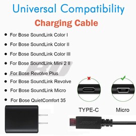 Replacement Charger Cable for Bose SoundLink Color I, II, III, SoundLink Mini 2 II/Revolve Plus, Compatible for Bose SoundLink Revolve, QuietComfort 35 II Bluetooth Speaker Charging Power Supply Cord