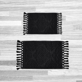 Jean Pierre – Ricardo Bath Mats, Set of 2 Woven Fringe Bathroom Rugs, 100% Cotton, Premium Bathroom Decor - Measures 17" x 31" and 21” x 41”- Black
