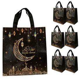 12 PCS Ramadan Mubarak Reusable Gift Bags, Party Bags Goodie Bags Party Supplies Blue Green Purple Black Treat Bags with Handles, Muslim Party Favor Supplies Party Decorations Favors 11” x 10.5" (Black_12 Pcs)