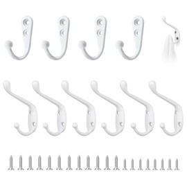 JRJRN 10Pcs Prong Wall Mounted Hooks Set, 10 White Double Door Hooks with Screws, Single Metal Hook Cloth Hanger in Different Types, Vintage Hooks for Coats, Door Hooks for Hanging Key, Coat, Hat
