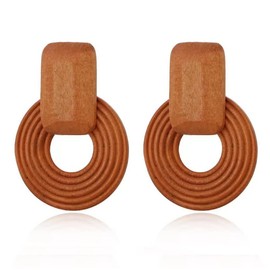 MIGUO STORE Natural Wood Round hollow Geometric Lightweight Drop Circle Earrings Bohemian Wooden rectangle Stud Retro Earrings for Women (Hui Wood Round hollow Earring)