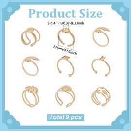 WADORN 9Pcs 9 Styles 18K Gold Plated Blank Rings Base Tray for Jewelry Making, Adjustable Flat Finger Ring Components 304 Stainless Steel Blanks Open Cuff Bezel Trays for DIY Crafts Jewelry Making