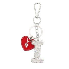 Winssigma Initial Letter Keychain, Sparkly Rhinestones Backpack Car Keychain with Cute Heart Shape Pendant(I-White)