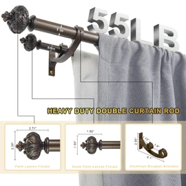 Lwiiom Heavy Duty Double Curtain Rod with Palm Leaves Finials and Aluminum Bouquet Brackets,Double Curtain Rods for Windows 72 to 144 Inches,1 Inch Front, 5/8 Inch Back Double Rods,Dark Bronze