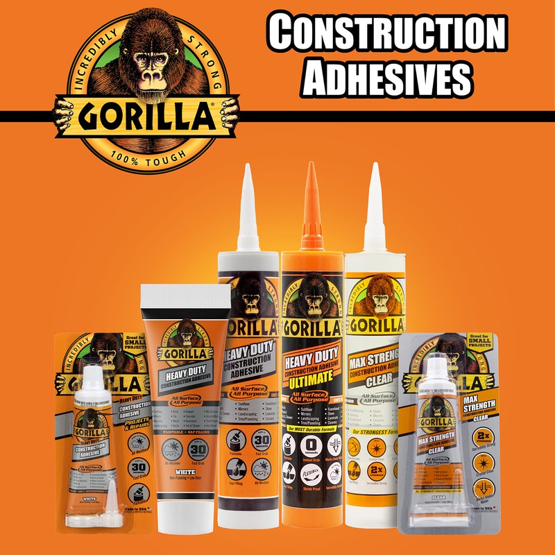 Gorilla Heavy Duty Construction Adhesive, 7 Ounce Squeeze Tube, White,