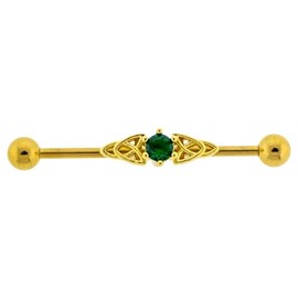 Pierced Owl 14GA Gold Plated 316L Stainless Steel Green Gem Celtic Knot Industrial Barbell