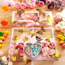 Vertintong 2 Sets Mother's Day I Love U Empty Flower Gift Box Fillable Packaging Box with 24 Pcs Gold Butterfly Decoration for Flowers Mother's Day (Pink)