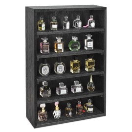 Ikee Design Wooden Wall-Mounted Display Shelves Rack for Collectibles, Figures,Shot Glasses,Spice Can,Cosmetics or Perfume, 5 Adjustable Height Shelves,Space-Saving, Black Color
