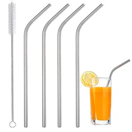 Pack of Four Stainless Steel Straws and Brush Set - Reusable Metal Milkshake Straws, Great for Smoothie, Water, Juice, Curved Silver Design