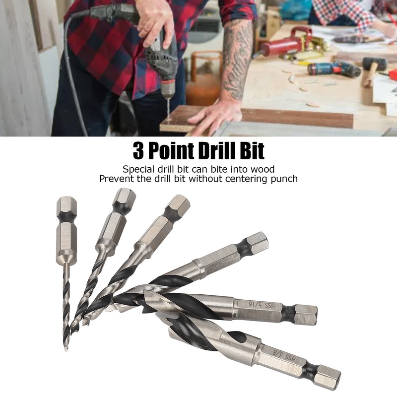 6Pcs 3 Point Drill Bit High Speed Steel Imperial Wood