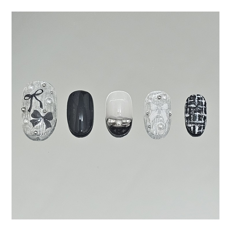 Black Silver Ribbon [Handmade Nail Tips] Emily Nail - Mini