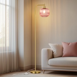 QiMH Glass Floor Lamp for Living Room, 67” Modern Standing Lamp with Pink Ribbed Glass Lampshade Pedal Switch Tall Lamp for Bedroom, Brushed Gold (2700K LED Bulb Included)
