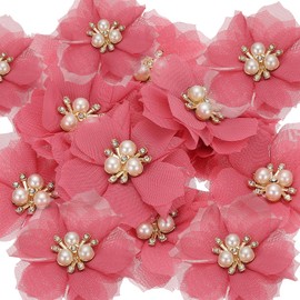 PATIKIL 2.36 Inch Rhinestone Pearl Chiffon Flower, 15 Pcs Sewing Fabric Appliques for DIY Craft Clothing Headbands Wedding Party Decoration, Pale Pink