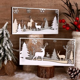 Treory Christmas Table Decorations Sign, 2 Pcs Elk Christmas Tree Snowflake Snow View Wooden Ornament, Christmas Rustic Farmhouse Table Decor, Christmas Tiered Tray Decor for Xmas Home Decorations