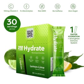 310 Hydrate Electrolyte Powder Packets – Key Vitamins & Minerals – No Sugar – Keto Friendly Hydration Drink – 30 Single Servings, Lemon Lime Flavor