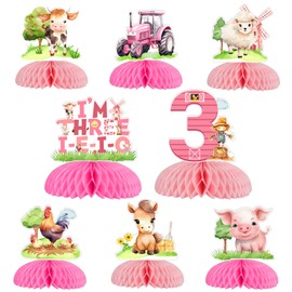 kreat4joy Farm Animal 3rd Birthday Party Decoration Girl, Three i e i o Farm Party Decoration Pink Table Honeycomb Centerpiece Double-Sided Printing for Barn Animal 3rd Third Birthday Supplies